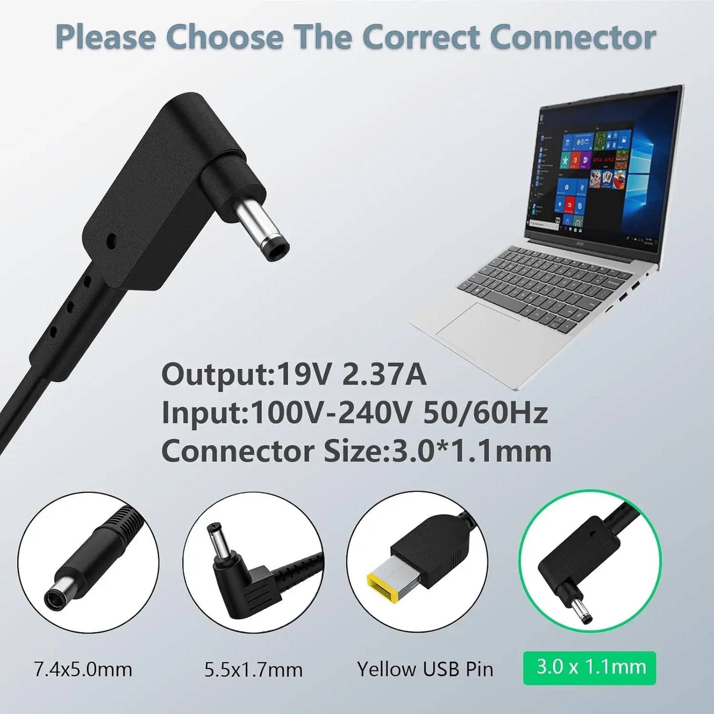 LZUMWS 19V 2.37A 45W 3.0*1.1mm AC Laptop Adapter Charger for Acer Aspire S7 S7-392/391 V3-371 A13-045N2A PA-1450-26 ES1-512-P84G