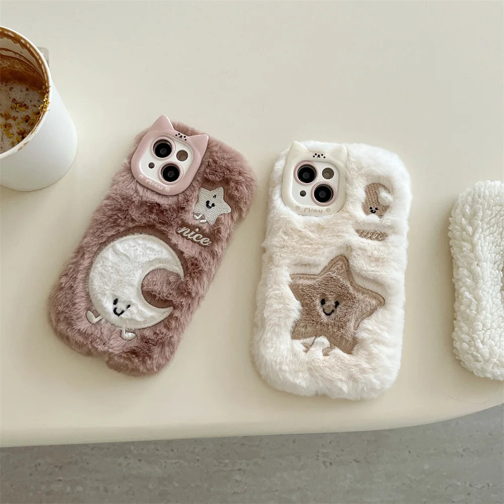 Soft Plush Cute Star Moon Phone Case For iPhone 14 15 16 Plus 13 Pro Max 11 12 Fluffy Warm Winter Furry Fur Cover