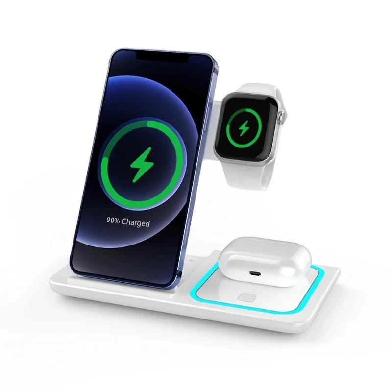 LED Wireless Charger 3 in 1 Foldable Charging Station For iPhone 16 15 14 13 12 11 Apple Watch 10 9 8 7 6 5 4 3 Airpods Pro/4/3