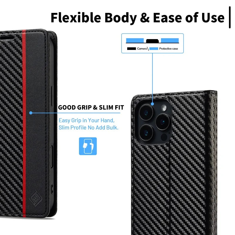 Luxury Flip Leather Phone Case For iPhone 16 15 14 13 Pro Max Plus 12 11 XS Carbon Fiber Texture Wallet Holder Protective Cover
