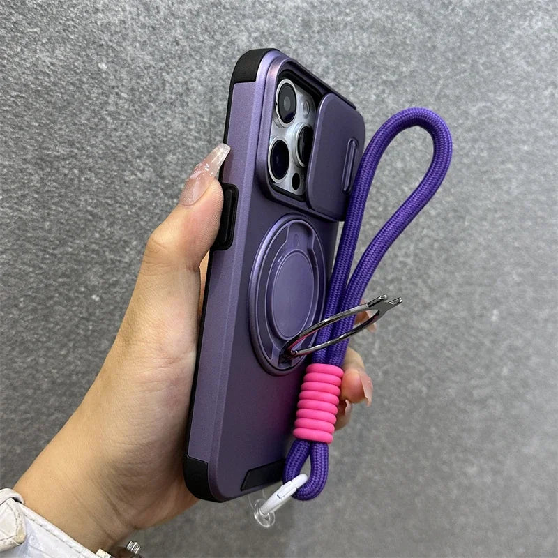 Armor Magnetic Bracket Case for iPhone 16 15 14 13 11 12 Pro Max Plus With Lanyard Slide Camera Protection Shockproof Cover