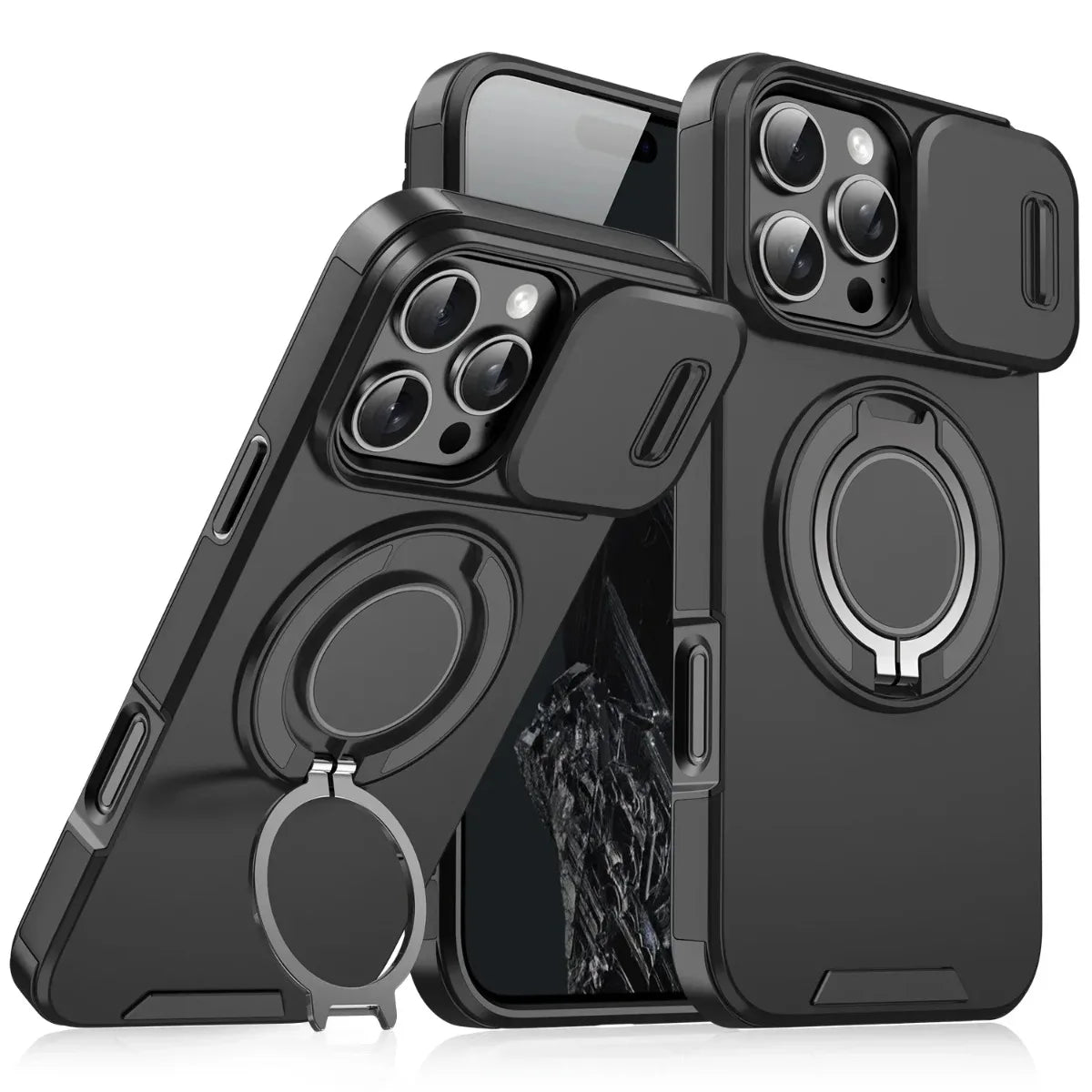 Armor Magnetic Bracket Case for iPhone 16 15 14 13 11 12 Pro Max Plus With Lanyard Slide Camera Protection Shockproof Cover
