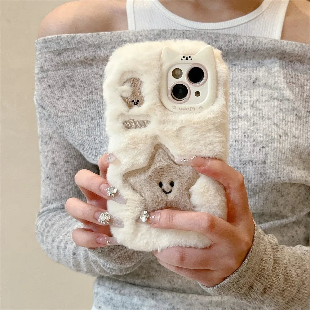 Soft Plush Cute Star Moon Phone Case For iPhone 14 15 16 Plus 13 Pro Max 11 12 Fluffy Warm Winter Furry Fur Cover