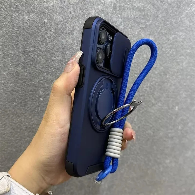 Armor Magnetic Bracket Case for iPhone 16 15 14 13 11 12 Pro Max Plus With Lanyard Slide Camera Protection Shockproof Cover