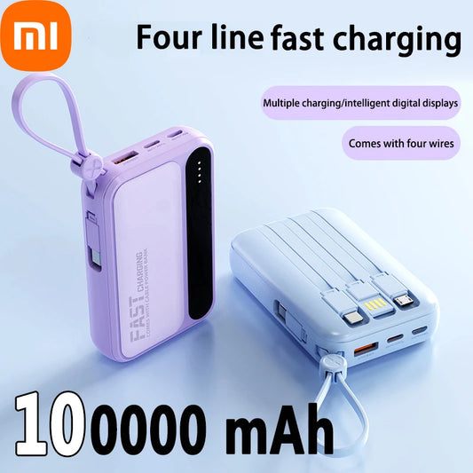 Xiaomi 100000mAh Large Capacity Power Bank Portable fast charging power bank with built-in 4 Cables Battery