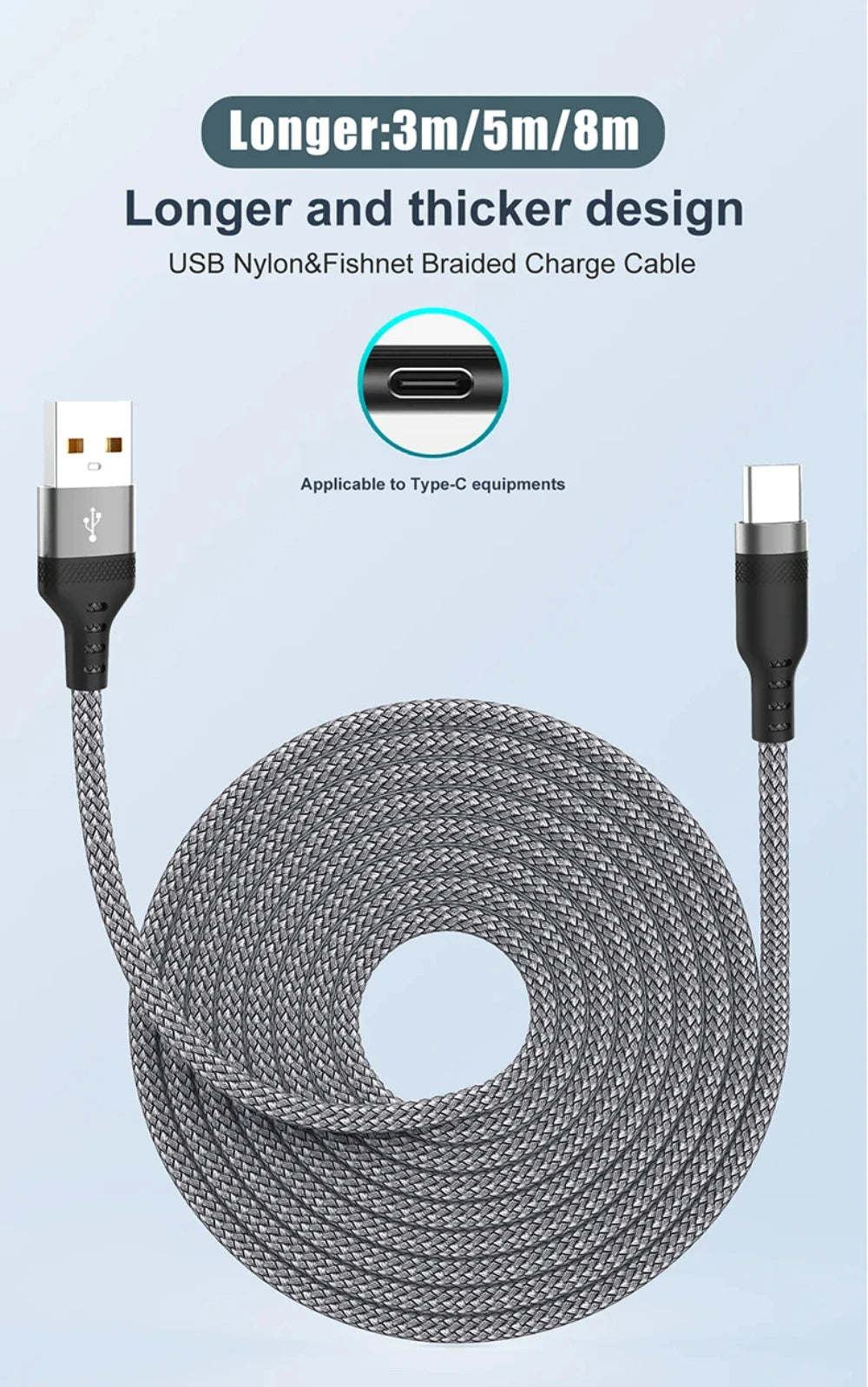 NNBILI 6A Extra Long Data Cable Nylon USB C Fast Charging Cable for Samsung Iphone Huawei Xiaomi Data Wire Cord Charger Cables 5m/8m