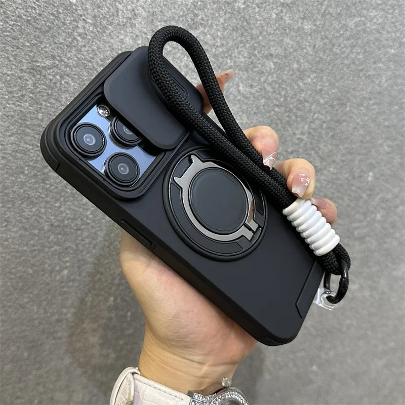 Armor Magnetic Bracket Case for iPhone 16 15 14 13 11 12 Pro Max Plus With Lanyard Slide Camera Protection Shockproof Cover