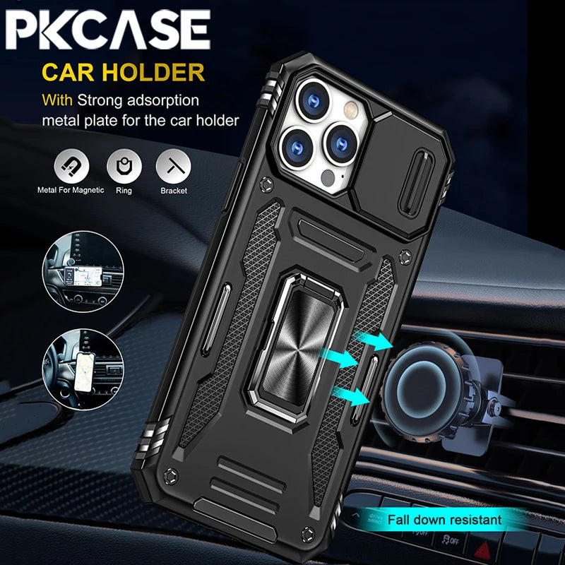 PKCASE Military Grade Protection Case For iPhone 16 15 14 13 Mini 12 11 Pro Max 7 8 Plus Slide Camera Protection Bracket Cover