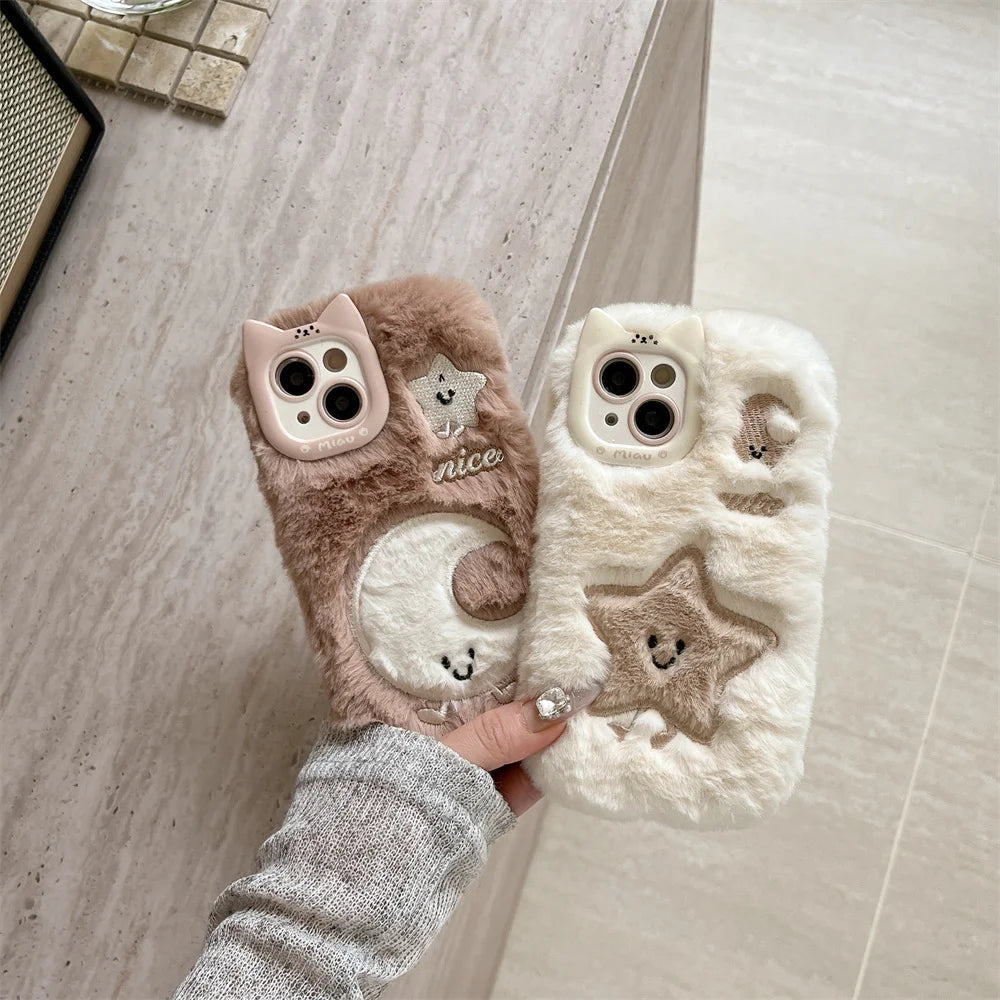 Soft Plush Cute Star Moon Phone Case For iPhone 14 15 16 Plus 13 Pro Max 11 12 Fluffy Warm Winter Furry Fur Cover