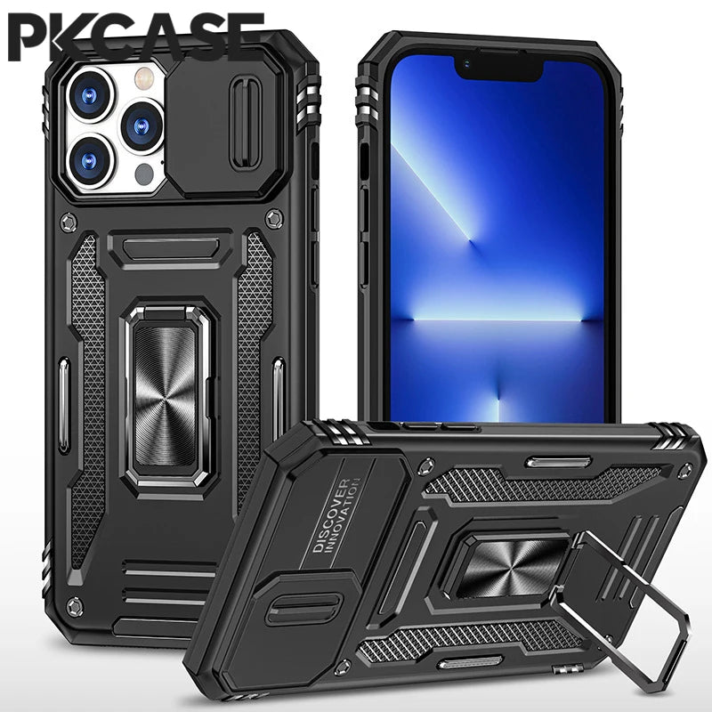 PKCASE Military Grade Protection Case For iPhone 16 15 14 13 Mini 12 11 Pro Max 7 8 Plus Slide Camera Protection Bracket Cover