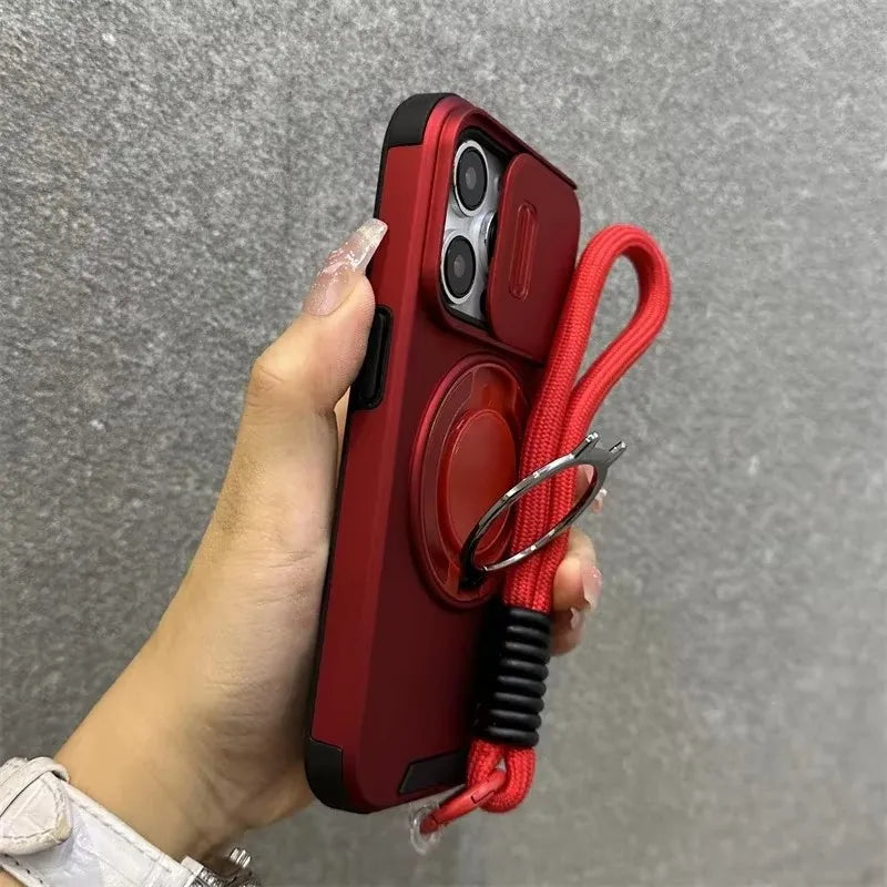 Armor Magnetic Bracket Case for iPhone 16 15 14 13 11 12 Pro Max Plus With Lanyard Slide Camera Protection Shockproof Cover